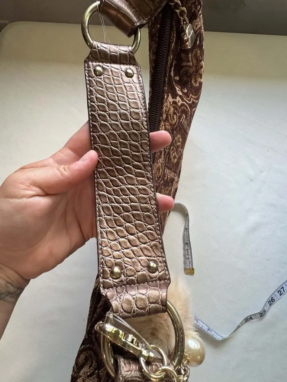 Y2K Tapestry Baguette Hobo Bag Rhinestone Charm Faux Fur Boho Maximalist NWT